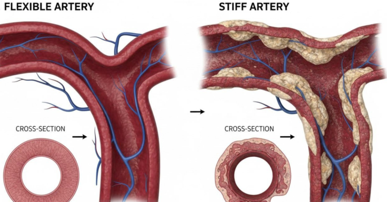 Comparison between healthy flexible artery and stiff artery after 40 showing reduced blood flow